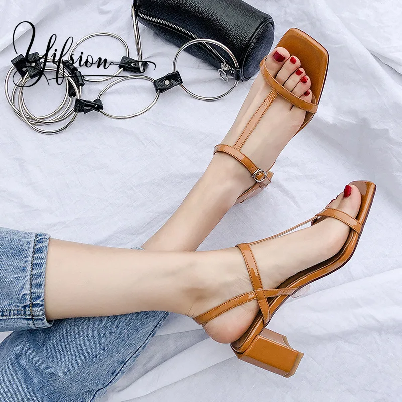 

YIFSION New Fashion White Genuine Leather Women Summer Sandals Open Toe Buckle Chunky Mid Heel Women Sandals Party Shoes Woman