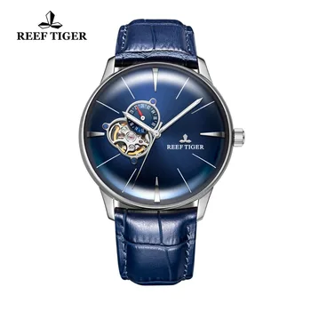 

Reef Tiger Casual Automatic Watches Steel Genuine Leather Strap Blue Dial Watches Mens Convex Lens Watches RGA8239