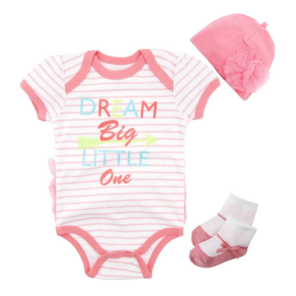 

Summer Baby Girl Bodysuit Set Letters Printing Newborn Baby Girl Jumpsuits Clothes 3pcs Set Infant Coveralls with Baby Hat Socks