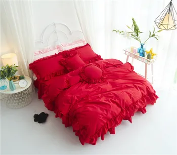 

2019 NEW 3/4Pcs Thick Quilted lace Bedding set King queen Twin size Bed set Princess Korean Girls red Bed skirt set Pillowcase