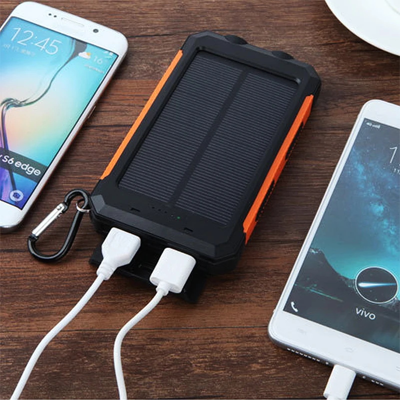 Внешний аккумулятор солнечной энергии 20000mah Водонепроницаемый двойной USB внешний аккумулятор блок питания двойной светодиодный свет мобильное зарядное устройство с компасом