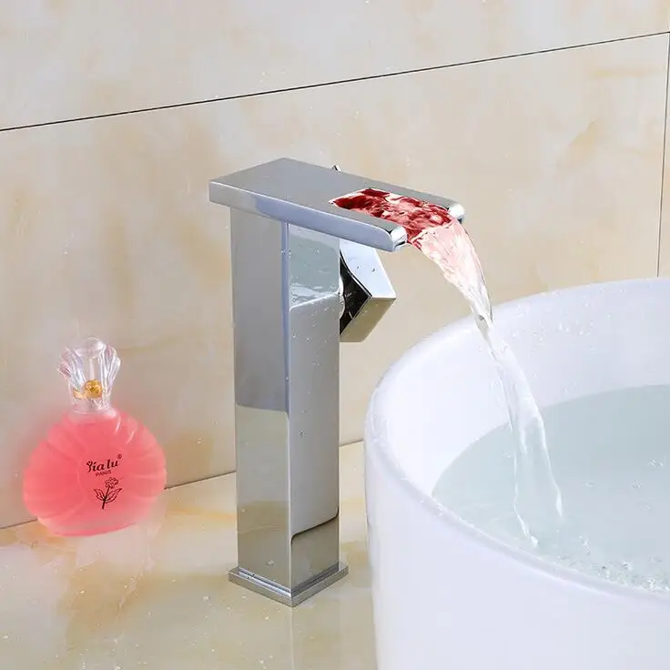 Fashion copper sink basin faucet waterfall Bathroom LED lamp wash chrome Single hole toilet mixer | Обустройство дома