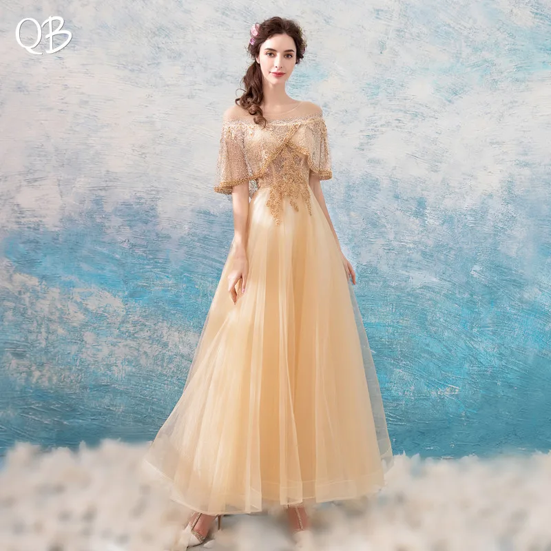 

A-line Cap Sleeve Tulle Lace Beaded Pearls Luxury Champagne Formal Evening Dresses Bride Banquet Party Prom Dress XK33