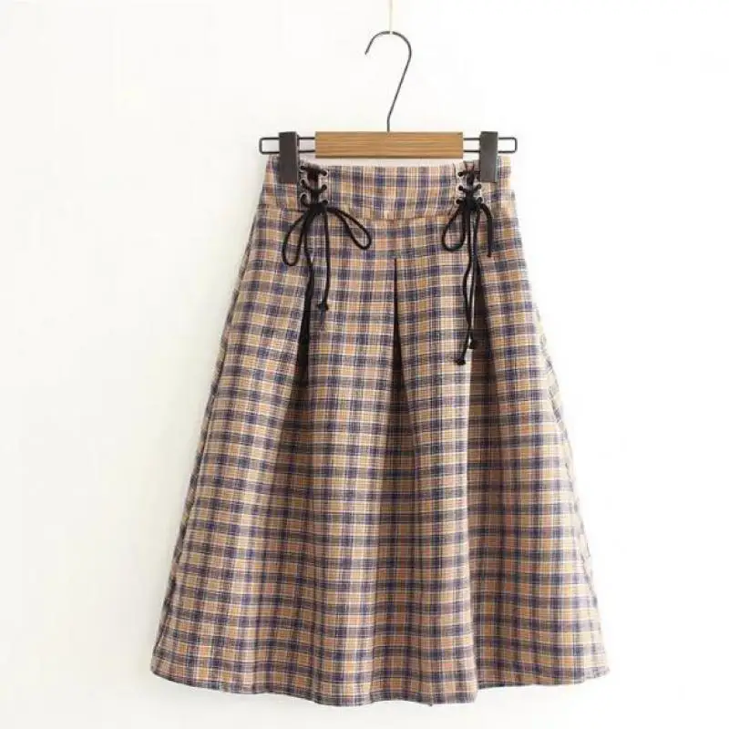 

Women's New England Fashion Retro Red High Waist Elastic Waist Long Half-length A-line Pleated Tartan Winter Skirt 2019