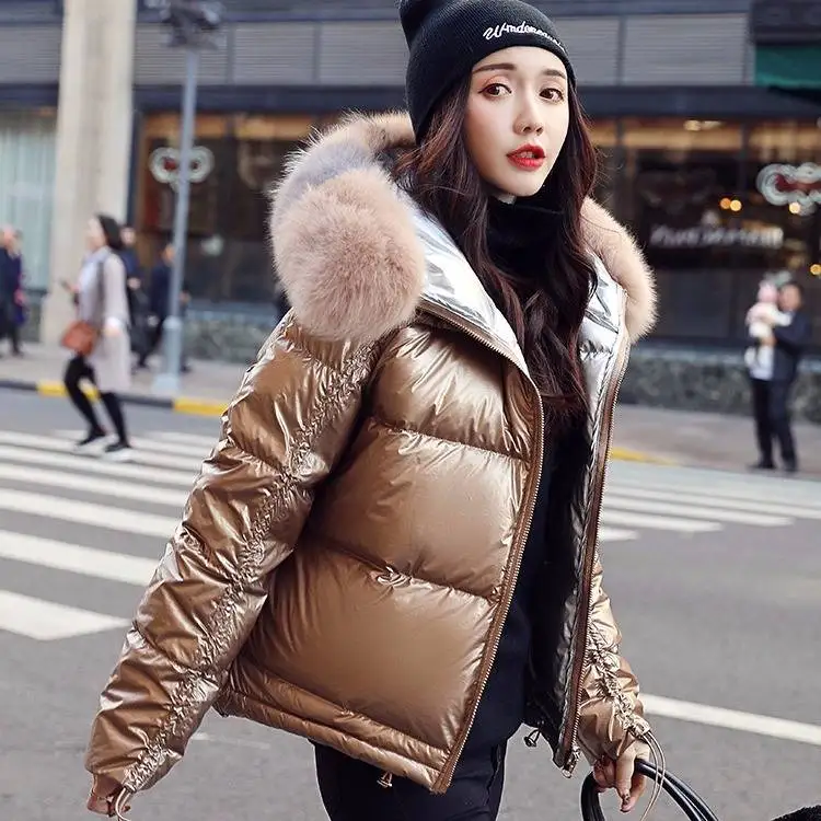 

Large Real Natural Fox Fur 2019 Winter Jacket Women Down Parkas Coats Hooded White Duck Down Jacket Double Sided Waterproof Coat