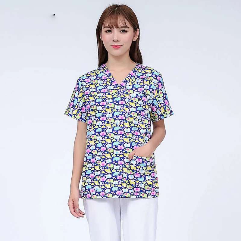 Медицинский Скраб Топы Синий принт ПЭТ доктор Стоматологическая рубашка ветеринарная униформа для женщин - Цвет: photo