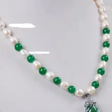 Женский настоящий новейший дизайн благородство удача Женская белая культурная жемчужина акоя/зеленая подвеска с драгоценным камнем(13x18mm) ожерелье Серебряный крючок
