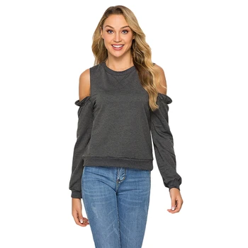 

Women Hoodies New Fashion Spring Dark Grey Black Strapless Sleeves Ruffled Hoodies Women Top Slim Ladies Casual Clothing Femme