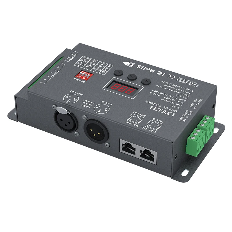 

New Ltech LT-995 Led DMX Decoder DC12V -24V input;6A*5CH Max 30A 720W output RGB/RGBW Led CV Decoder XLR-3/RJ45 Connector Port
