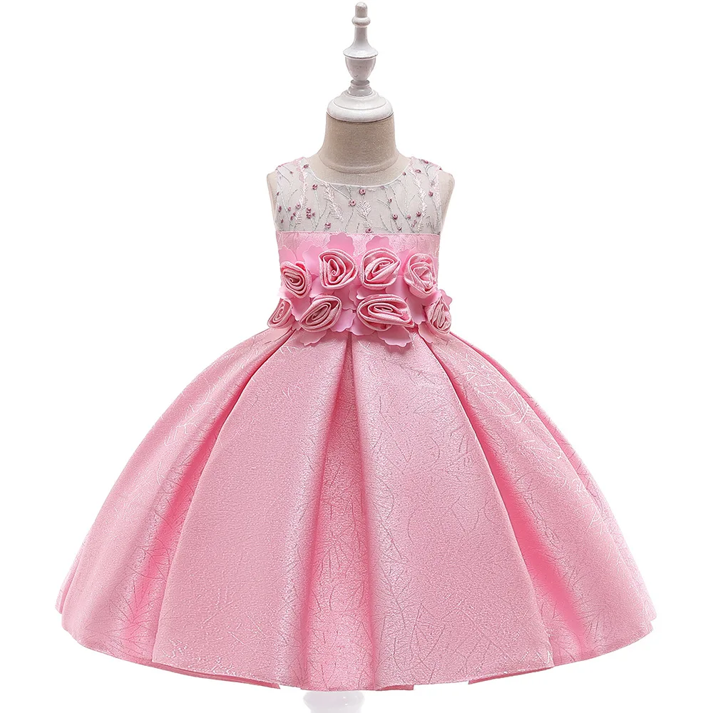 

Flower Girls Dress Children Lace Bodice with 3D Rose Band Wedding Party Evening Dress Formal Girls Clothing Bebe Vestido