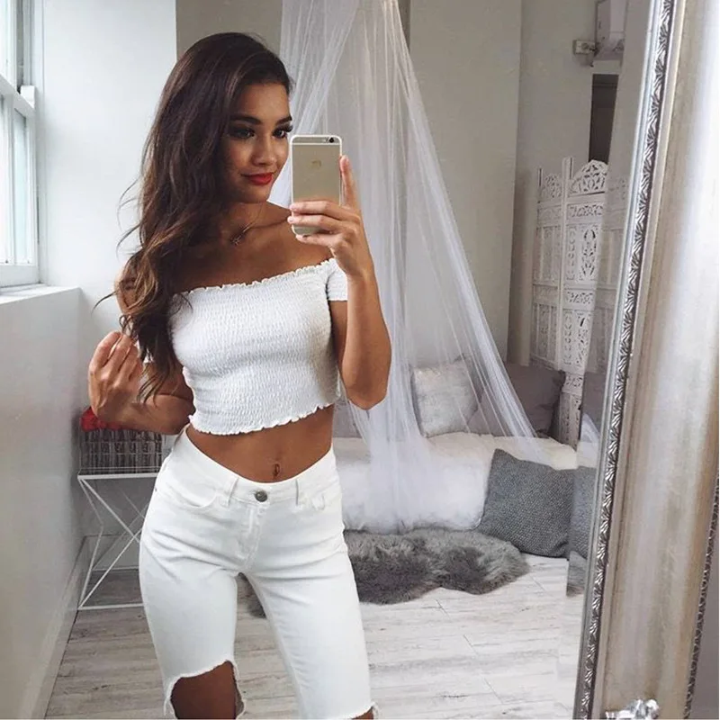 

casual wrapped chest short sleeve T-shirt female off the shoulder crop top belly shirt open back strapless t shirt