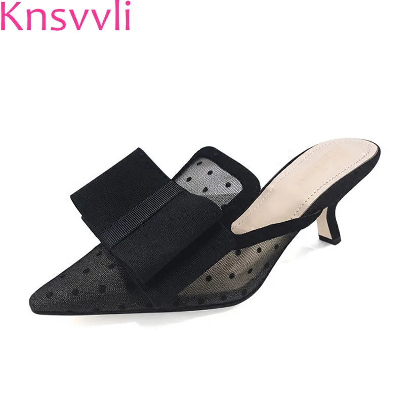 

Knsvvli Spring Summer Mesh Polka Dot Bowknot Wrap Toe High Heels Woman Shoes Pointy Toe Slippers Women's