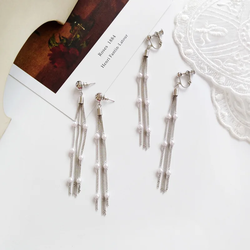 

Non Pierced Earrings Stylish Simple Long Silver Color Tassel Clip On Earrings No Ears Hole for Women Lady Bridal Brincos Party