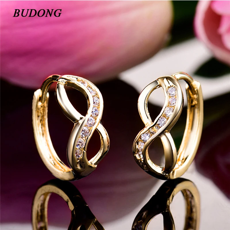 BUDONG Fashion Twisted Small Hoop Infinity Earrings Silver Gold Color Hoop Earring White font b Crystal