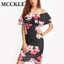 MCCKLE 2017 Elegant Woman Short Sleeve Multicolor Floral Print Off The Shoulder Ruffle Sheath Dresses summer beach dress