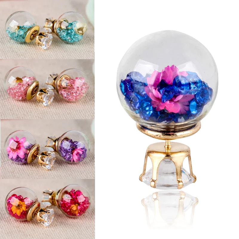 Hot Fashion Women Lady Elegant Flower Spherical Rhinestone Ear Stud Earrings