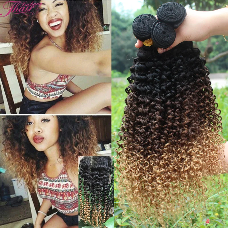 

Top 7a Brazilian 3 Bundles Kinky Curly Virgin Hair With Closure 3 Tone Ombre Curly Hair With Lace Closure Blonde Human Hair Weft