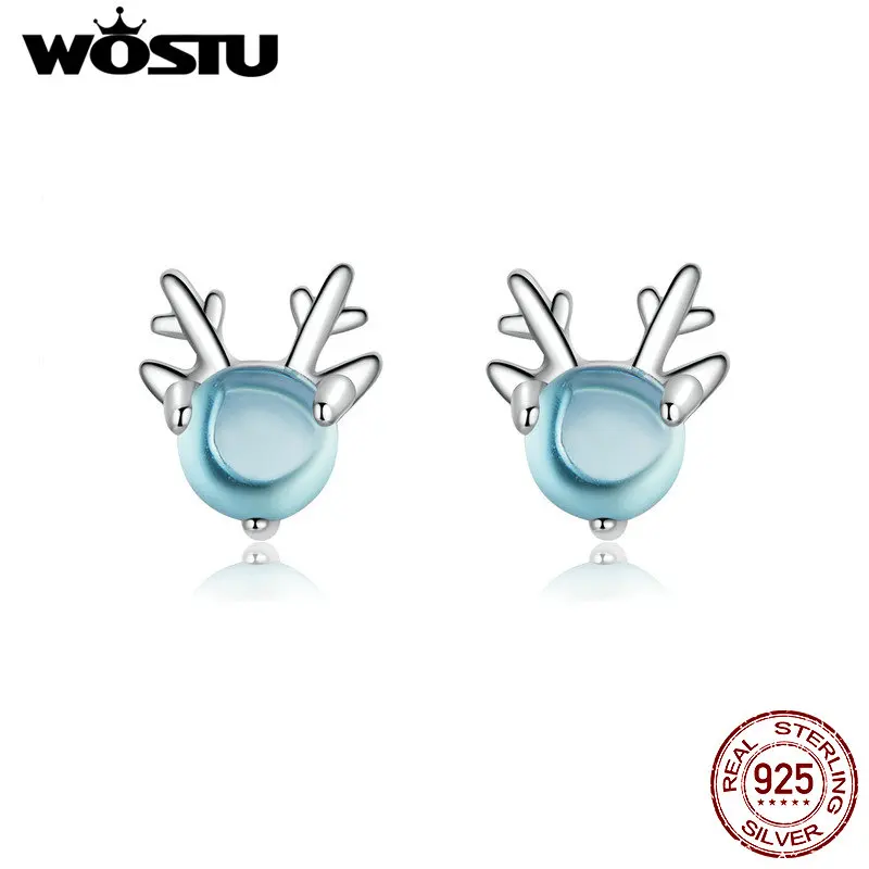 

WOSTU Real 100% 925 Sterling Silver Lovely Elk Blue Stud Earrings Glass Stone Fashion Earrings For Women Wedding Jewelry CTE210