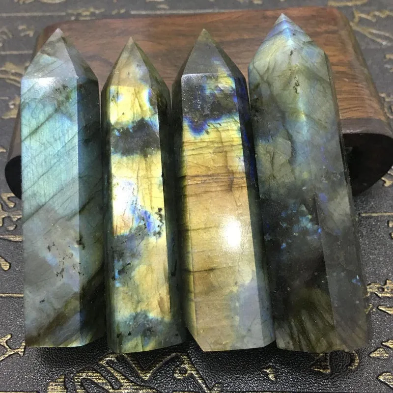 1 Pcs Labradorite Moonstone Quartz Crystal Stone Rhinestone Point Healing Hexagonal Wand Home Decor Color & Size Random
