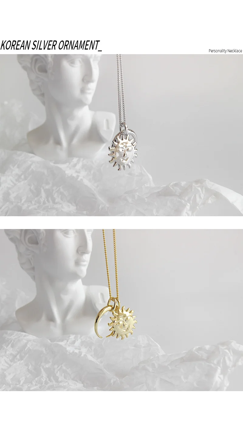 F.I.N.S 925 пробы Серебряное ожерелье с подвеской в виде Солнца и Луны, длинная цепочка с подвеской для женщин, корейское модное женское ожерелье