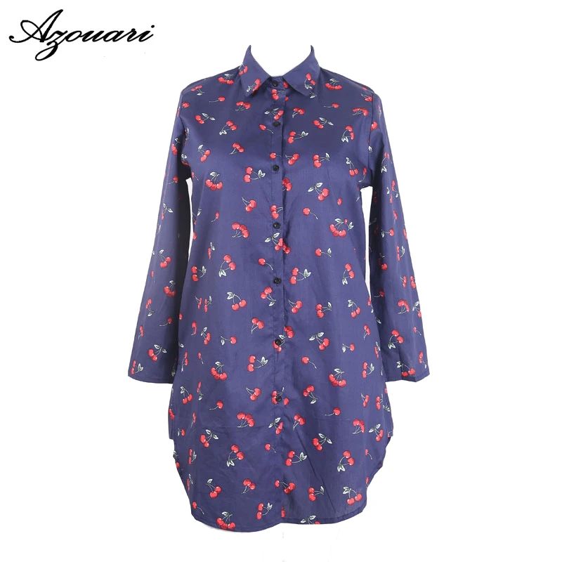 azouari 2017 autumn new XL XXL 3XL 4XL 5XL blue cherry pattern long section washed cotton fashion cut Plus size women's shirt |