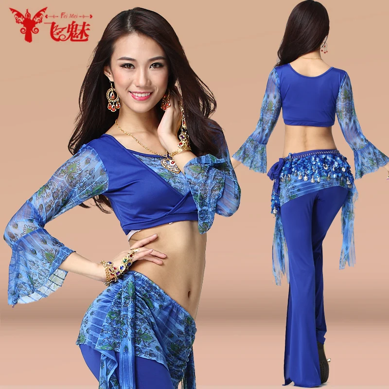 

Belly dance Color Pattern yarn costume set Butterfly sleeves tops+Split ends bell-bottoms(pants)+belt 3pcs/suit indian dress