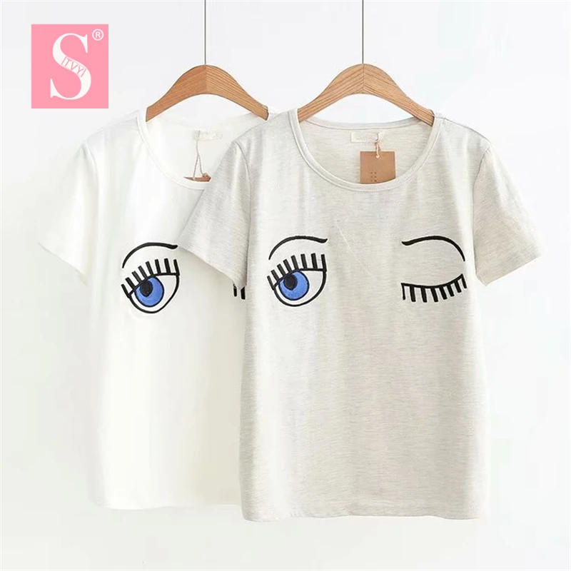 

STVY 2018 Summer Women's Fashion Slim T-shirt Blink Eyes Embroidery Design Short Sleeve Cotton T-shirts For Women