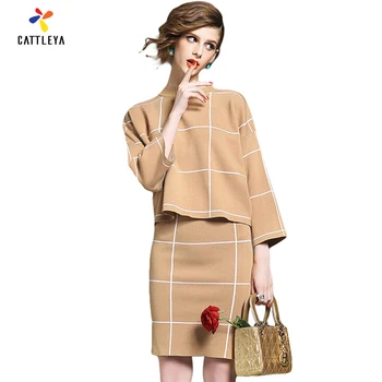 2017 Spring Set Women Knit Skirt Women' Skirts and Blouse Set Autumn 2016 Plaid Fashion Suits Women Two Piece Set Skirt and Top