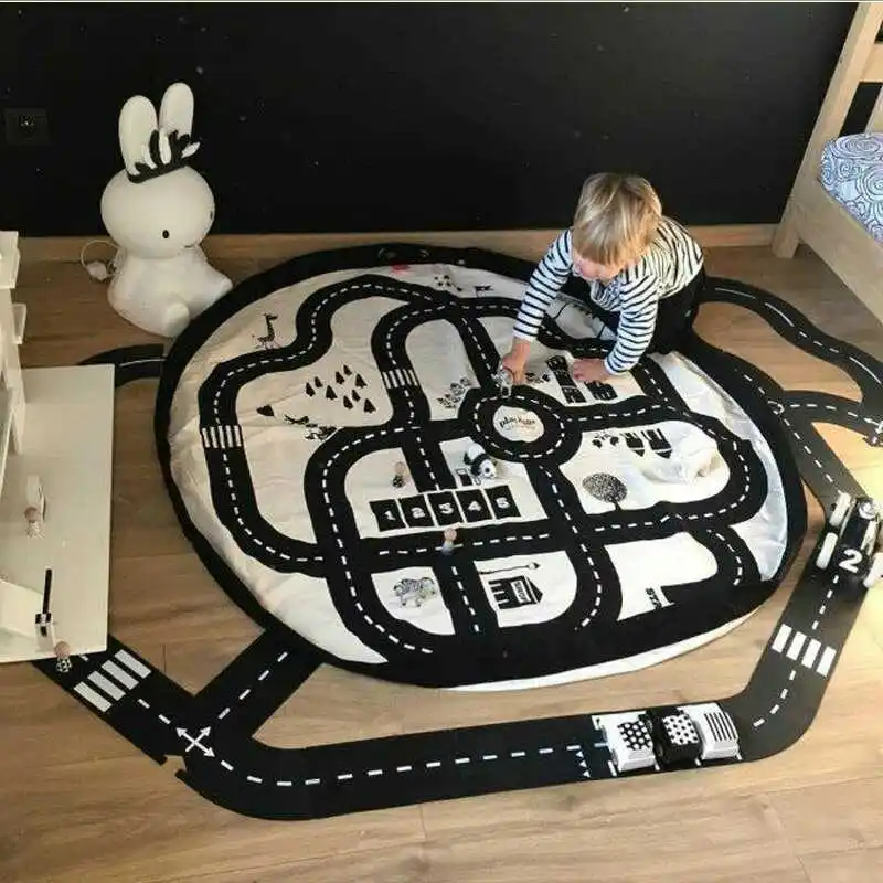 135cm 2in1 Rode Rug Kids Play Mat & Toy Storage Bag Baby Soft Graffiti Play Pad Toys Infant Highway Carpet Playmats For Children