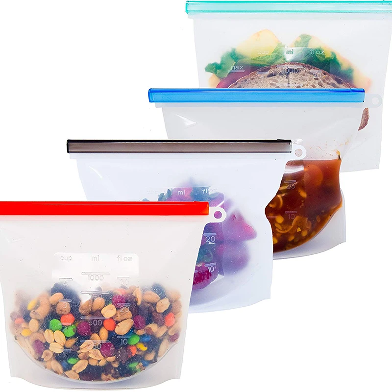 

Reusable Silicone Food Bags, food packaging for storage leftovers or sandwich, Airtight Seal Bag for Microwave - Set of 4 1000ml