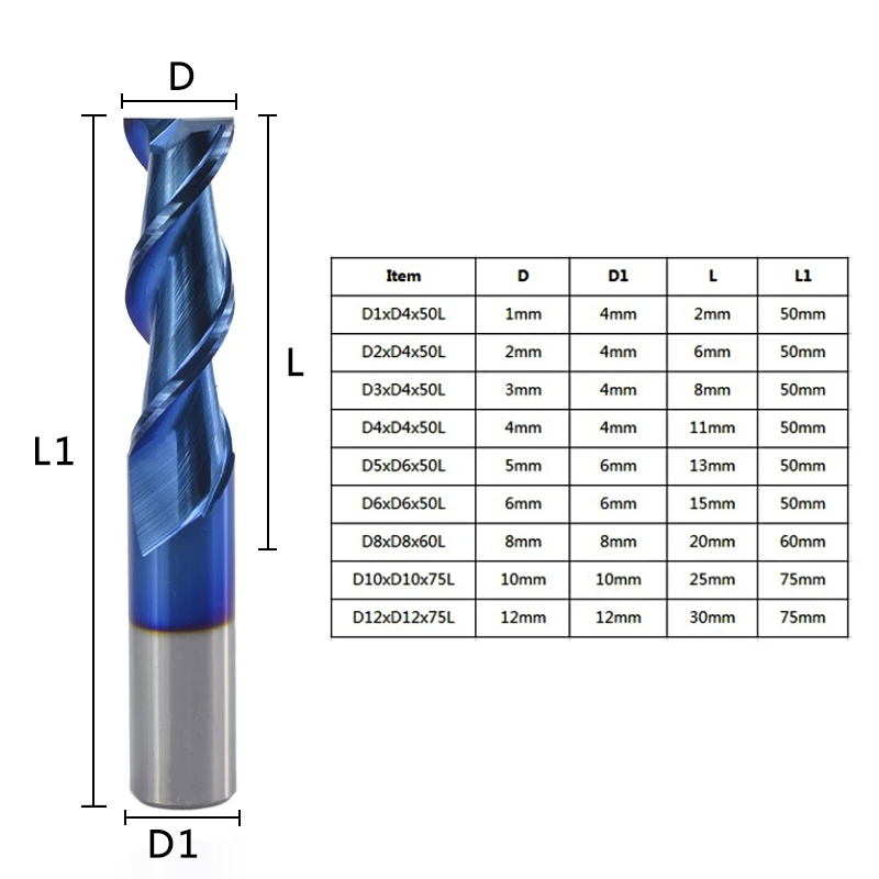 1 шт. 2 флейты 1-12 мм плоская фреза HRC 50 Nano с синим покрытием гравировальная фреза Вольфрамовая сталь плоская Концевая фреза