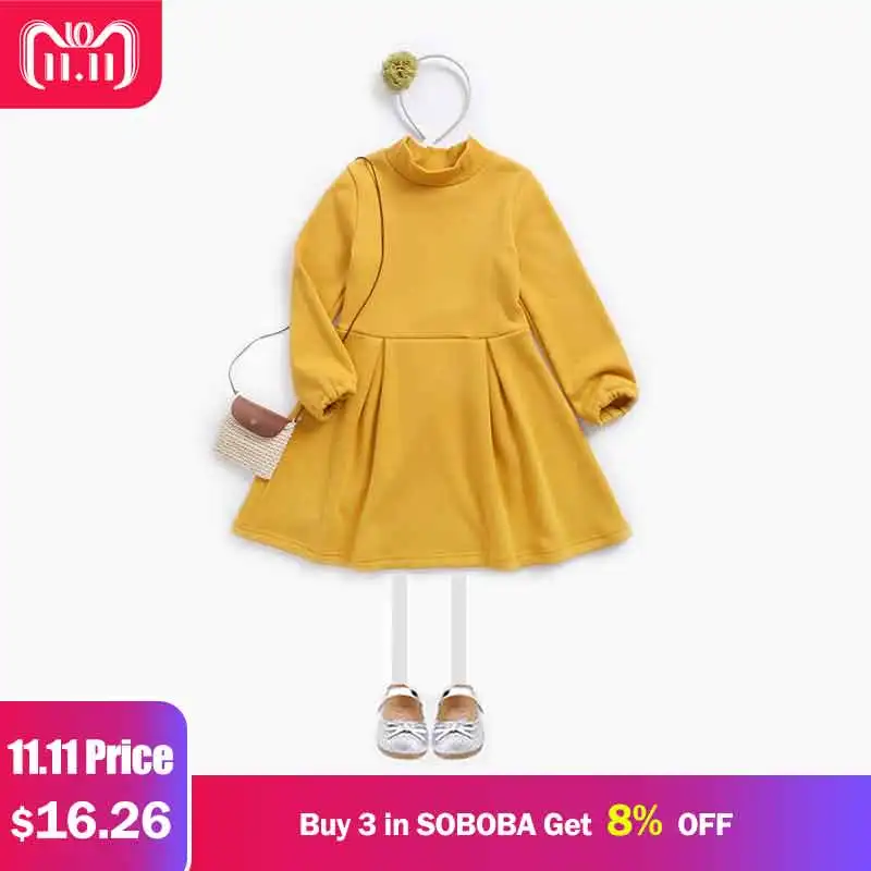 

Winter Dresses for Girls Solid A-line Puff Sleeve Elegant Dress for Girl Knee-length Turtleneck Thicken Warm Cotton Dresses