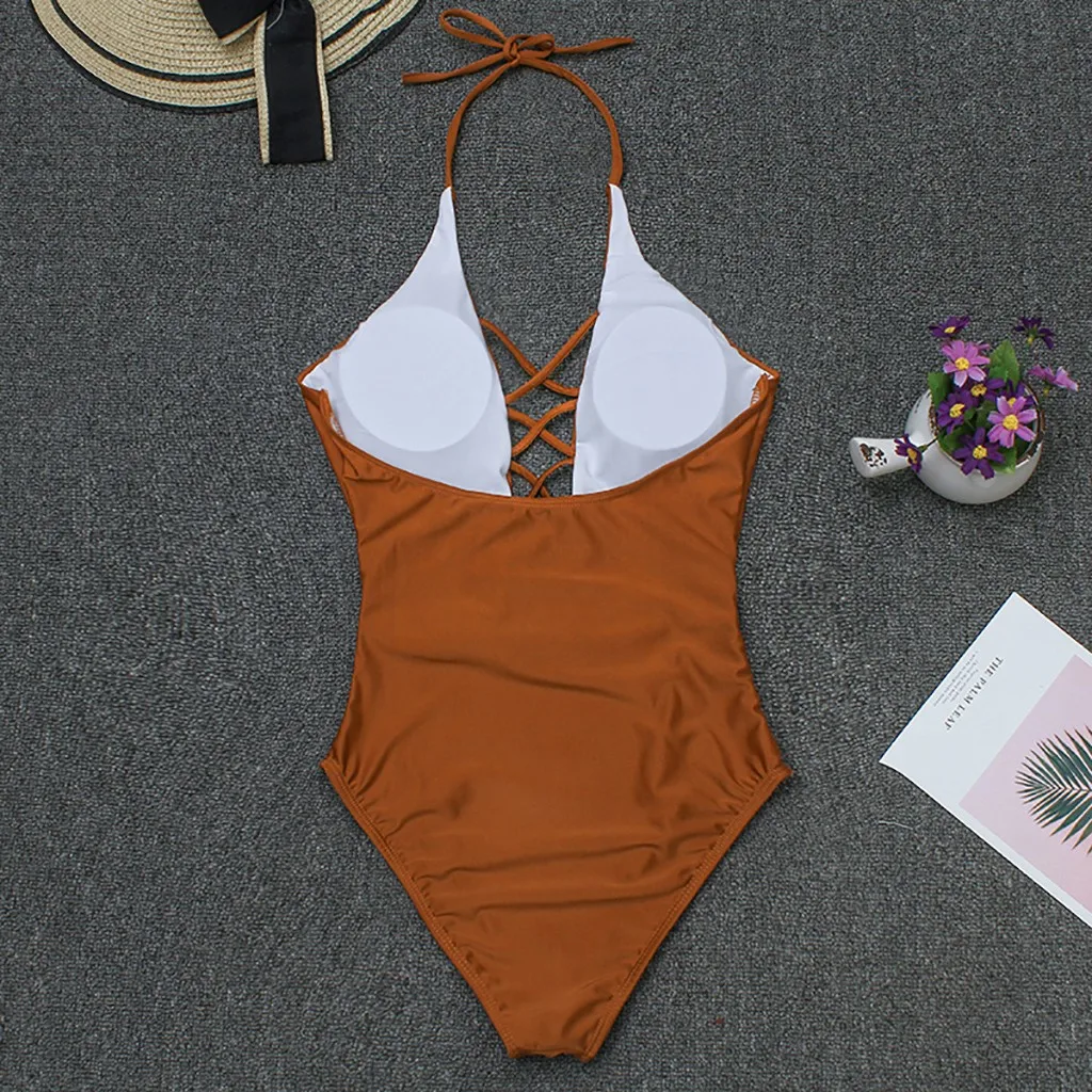 Сексуальный сдельный купальник, женский бикини, повседневный коричневый Одноцветный купальник, Модный летний пуш-ап купальник, пляжная одежда