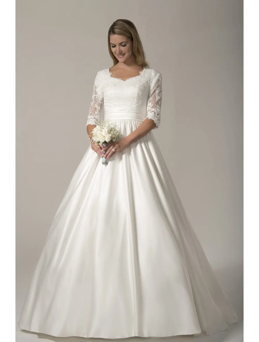 

Vintage Modest Wedding Dresses With 3/4 Sleeves Sweetheart Buttons Back Lace Top Satin Country Temple Wedding Gowns Sale