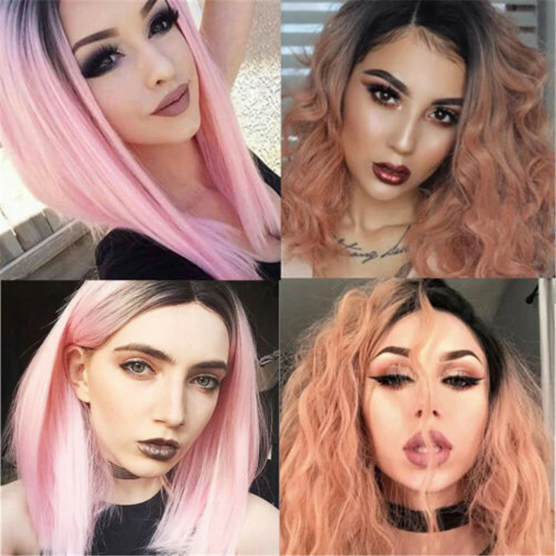 

Pink Ombre Synthetic Lace Front Wig Short Hair Straight Bob Wigs Deep Woman Wig Medium Hairstyle Gradient Ramp Straight Wave Wig
