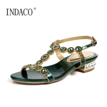 

Flat Sandals Women Green Rhinestone Sandals T-strap Party Shoes Size 33 34 2.5cm