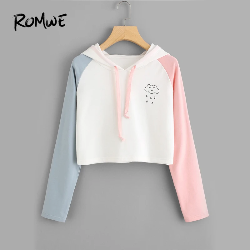 ROMWE Drawstring Rain Print Contrast Sleeve Crop Hoodie