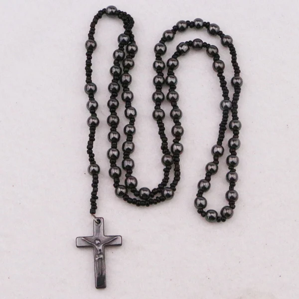 

Hematite Rosary Bead Necklace Chain with Hematite Cross / Crucifix Pendant Necklace
