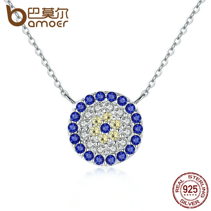 

BAMOER Collection 925 Sterling Silver Trendy Round Blue Eyes Clear CZ Pendant Necklaces Women Authentic Silver Jewelry SCN089