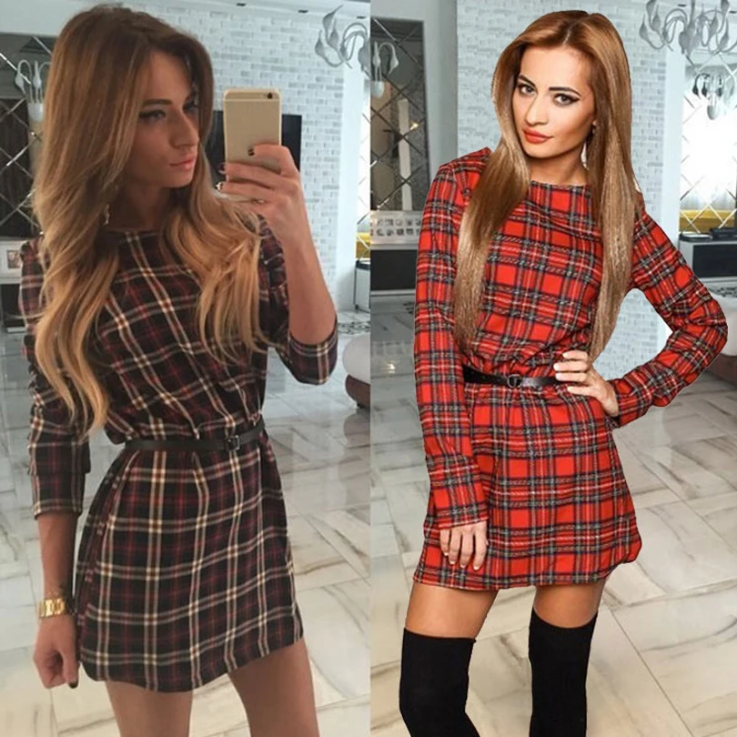 Hot Sale 2016 new style autumn and spring  women  plaid dresses o-neck long sleeve loose dresses casual mini dress