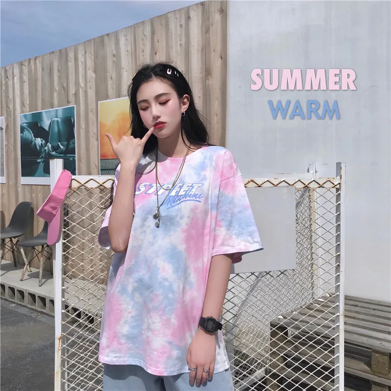 Tie Dye Gradient, большие размеры, свободные, более размера, модные, Harajuku, Женские топы с буквенным принтом, хип-хоп, короткий рукав, повседневная парная футболка