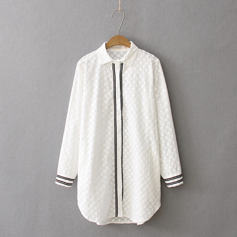 Dioufond Women White Blouse Female Solid Long Shirt Cotton