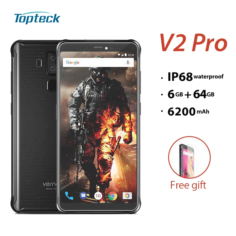 

Vernee V2 Pro 4G Mobile Phone IP68 Waterproof FHD+ 2160*1080p Face ID 6GB+64GB 21MP+5MP 13MP+5MP 4 Cameras 6200mAh Rugged Phone