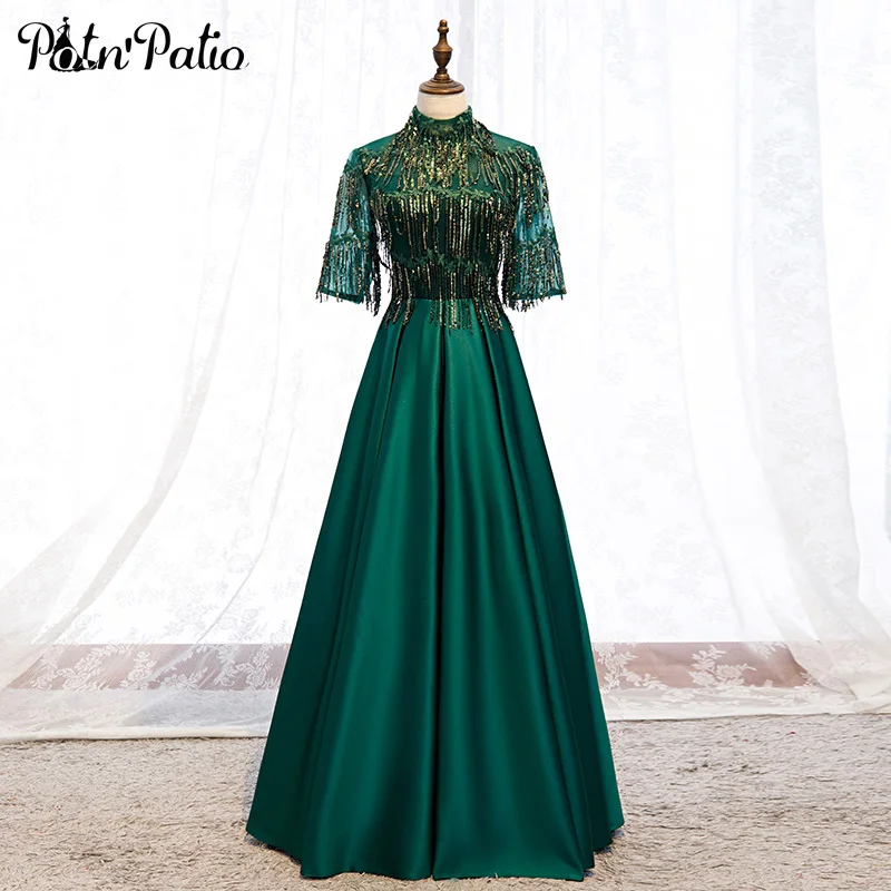 

Vintage High Neck Sequined Satin Green Evening Dresses Long 2019 A-line Floor-Length Formal Gowns For Wedding Party