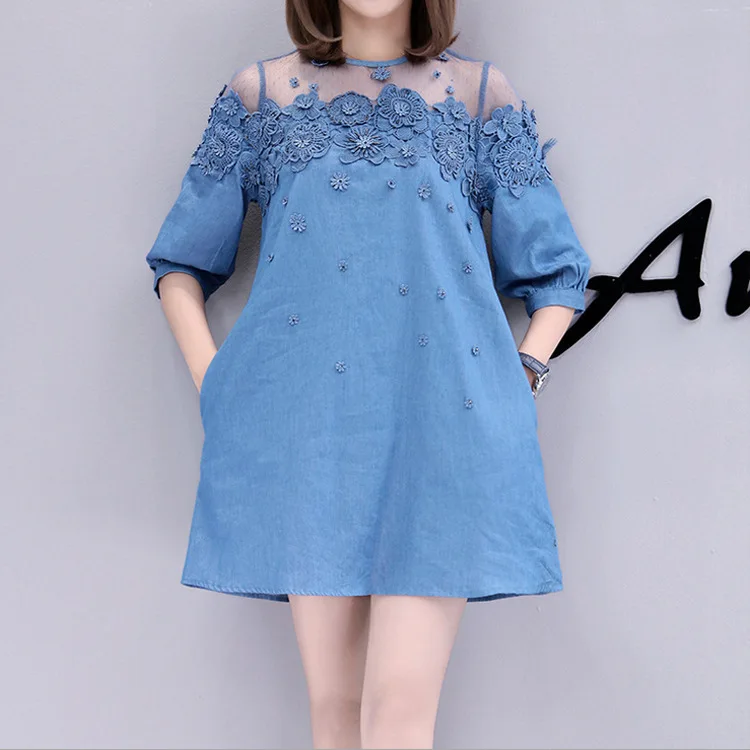 Vestidos Verano 2018 летнее женское джинсовое платье цветочное кружевное лоскутное милое