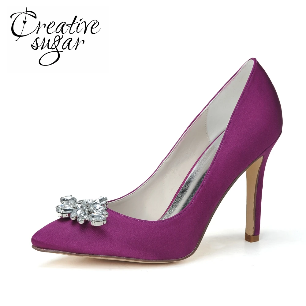 

Creativesugar woman pointed toe high heels crystal charm bridal wedding party shoes banquet evening dress shoes purple white