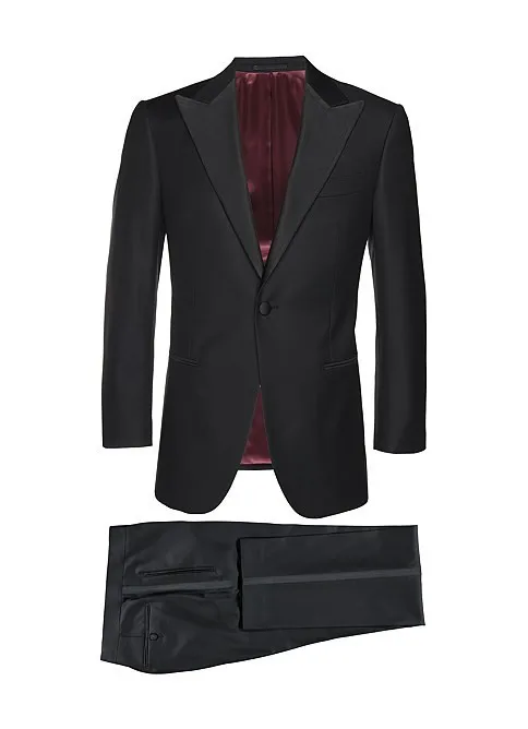 Шерсть, черный, 2 предмета(куртка+ штаны), один пуговицы, широкий заостренный лацкан с черным атласным черным свадебным смокингом