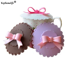 Горячая Kawaii Лук Кружева Пыле Многоразовые Силикон Крышкой Кубок Теплоизоляция Кубок Уплотнение Крышки силиконовый Чехол силиконовые крышки E3