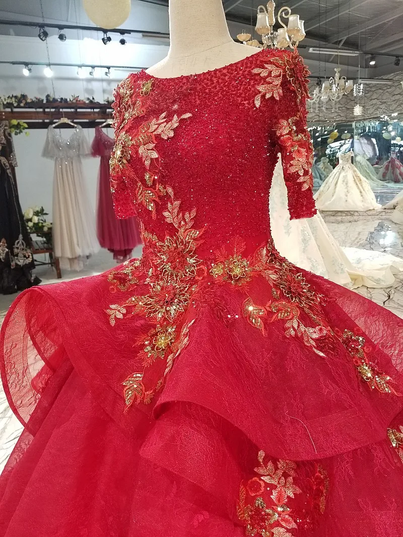 3004 Exquisite Wedding Dress Half Sleeve Ruffled Tulle Lace Trimming Crystal Beading Ball Bridal Gown