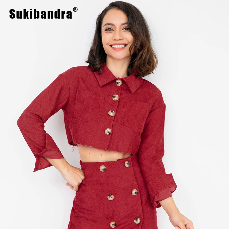 Sukibandra 2018 Autumn Fall Vintage Red Corduroy Cropped Jacket Women